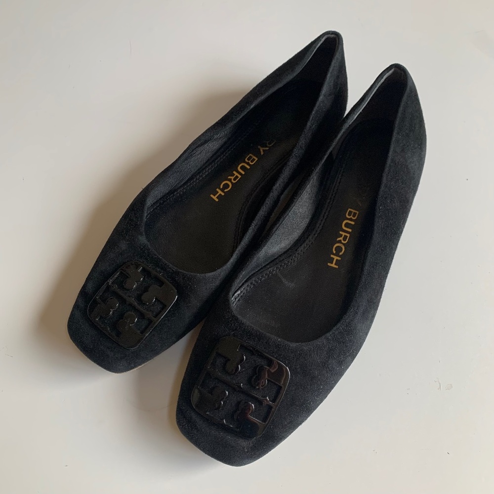 Tory Burch Square-Toe Suede Logo Flats